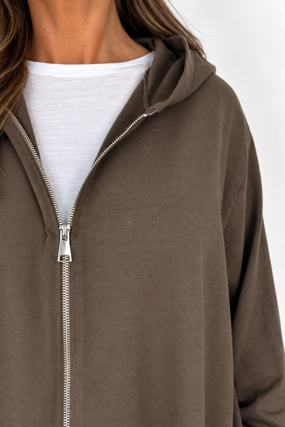 Cotton Double Pocket Kasi Zipped Hooded Jacket - Chocolate