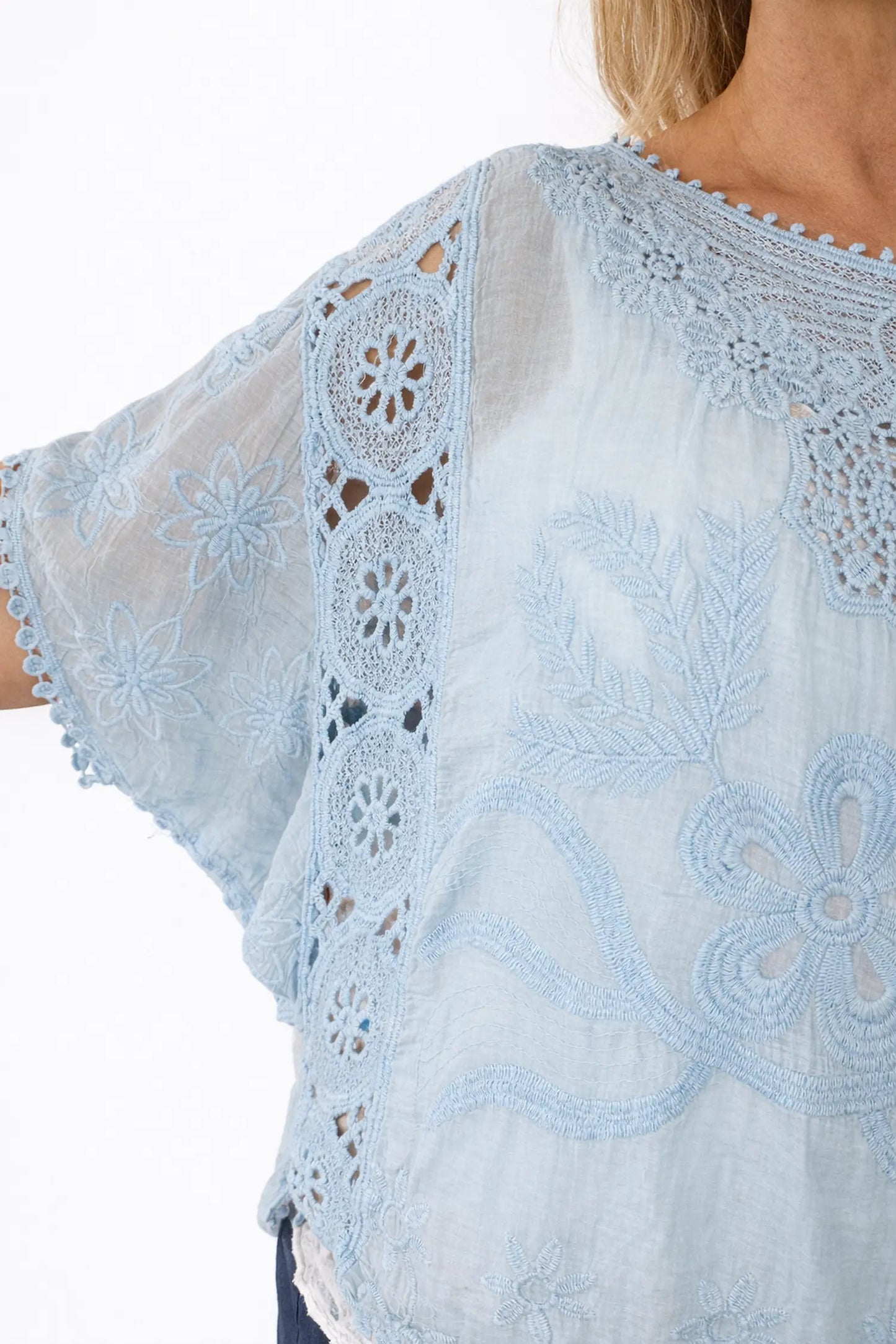 Pure Cotton Embroidery Anglaise Crochet Detail Batwing Viviana Top - Baby Blue