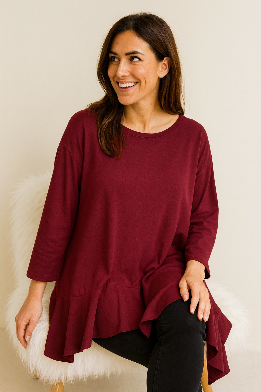 Cotton Raw Edge Frill Hem Veronica Top - Wine