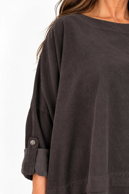 Pure Cotton Needlecord Button Sleeve Button Detail Riviera Top - Chocolate