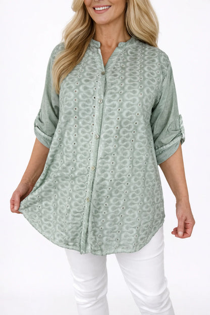 Cotton Button Sleeve Embroidery Anglaise Detail Tatiana Button Shirt - Washed Sage