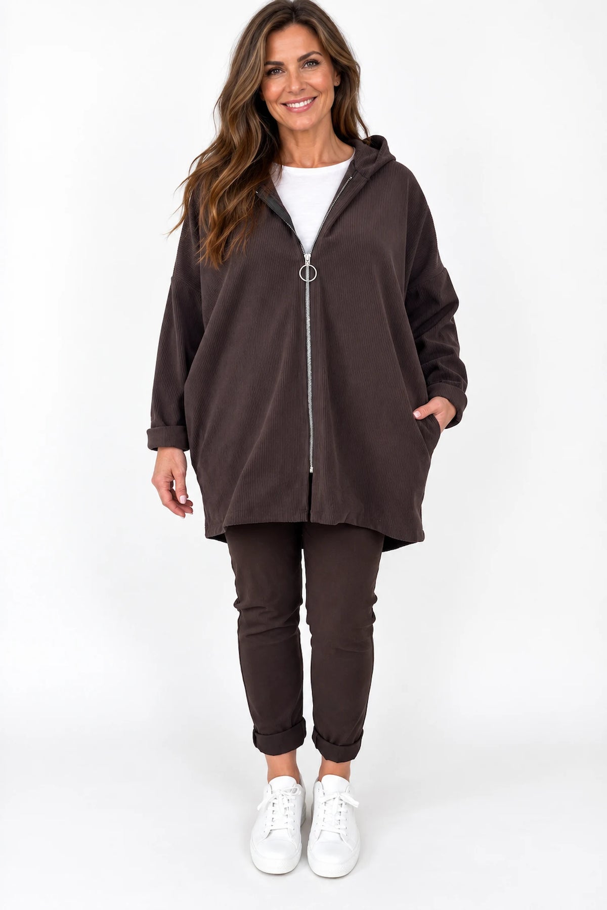 Double Pocket Zipped Cord Darci Hooded Jacket - Chocolate