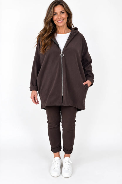 Double Pocket Zipped Cord Darci Hooded Jacket - Chocolate