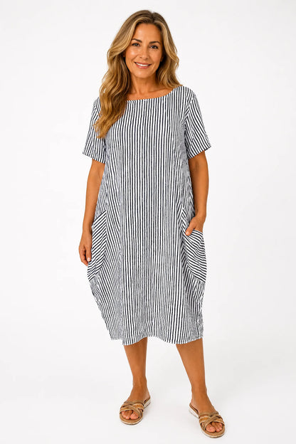 Pure Cotton Double Pocket Khiara Pinstripe Dress - White