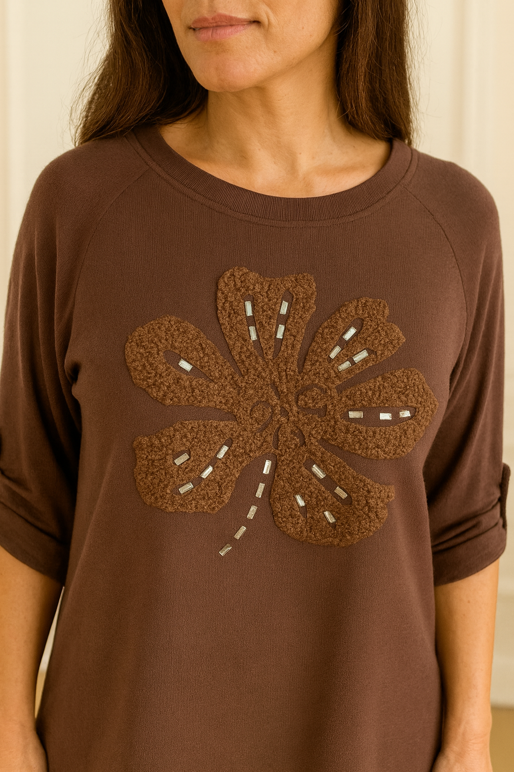 Luxury Knit Button Sleeve Kari Sparkle Clover Top - Chocolate