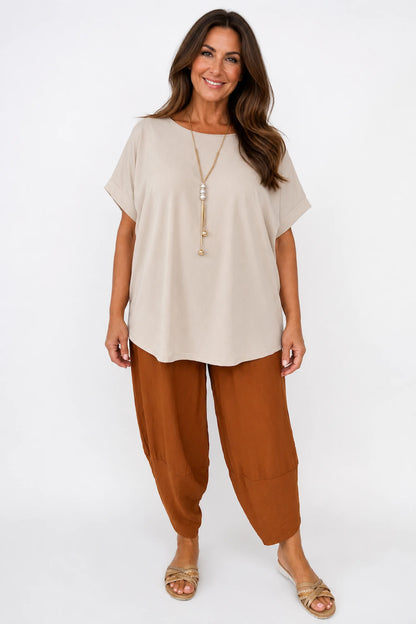 Fine Ribbed Gold Trim Sophia Necklace Top - Beige