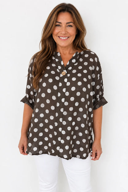 Pure Cotton Polka Dot Kara Button Shirt - Chocolate