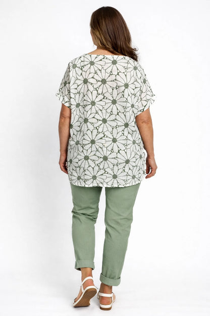 Pure Cotton Velina Floral Necklace Top - Khaki