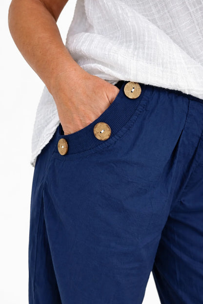 Amira Cotton Button Pocket Pants - Navy