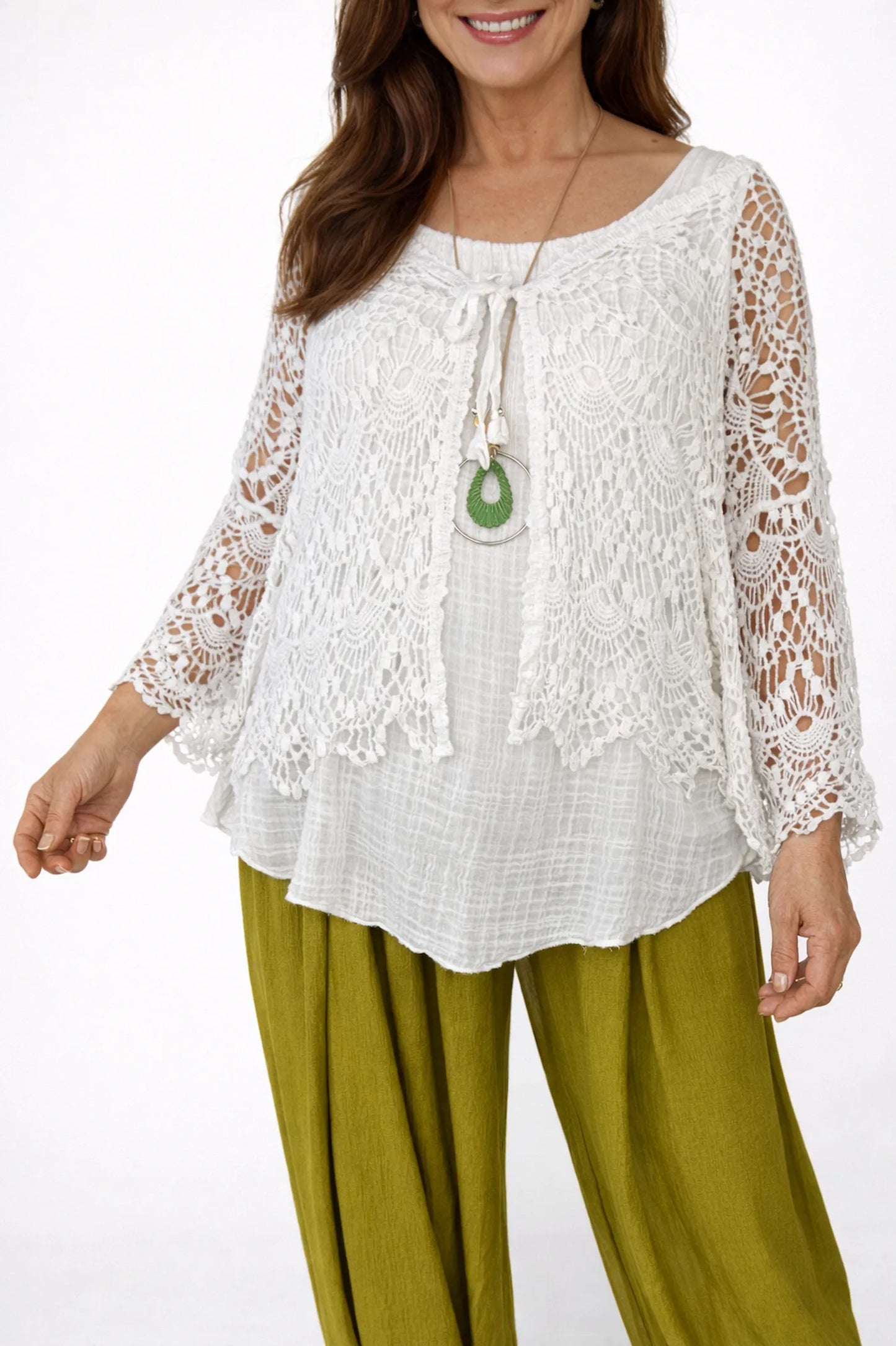 Pure Cotton Tied Coterra Crochet Cardigan - White