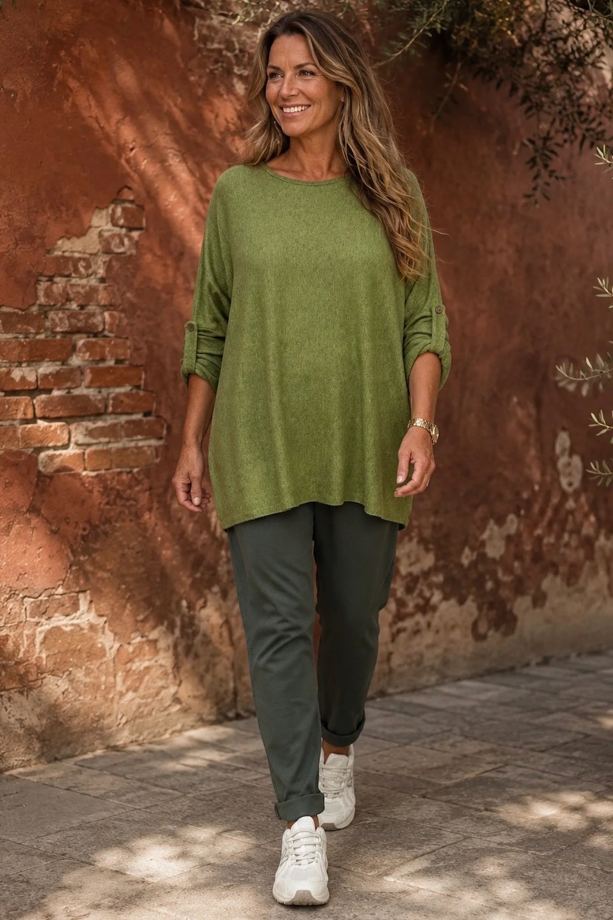 Fine Knit Button Sleeve Batwing Angelica Top - Lime Green