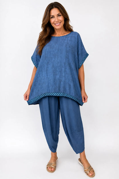 Crochet Lattice Trim Lightly Textured Marsi Top - Washed Denim
