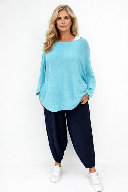 Cotton Seam Sleeve Vittoria Spring Knit Top - Turquoise