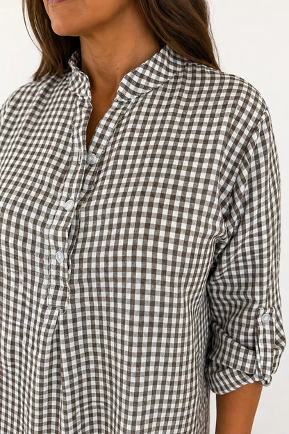 Gingham Button Sleeve Cruze Button Shirt - Mocha