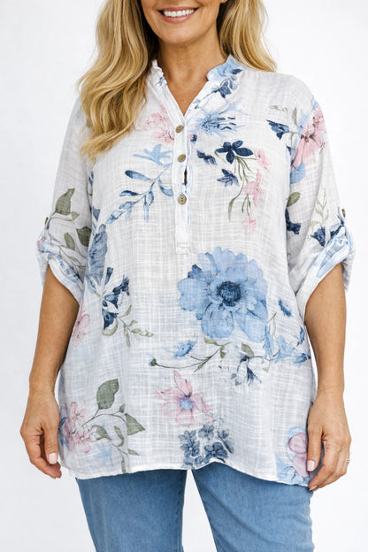 Pure Cotton Button Sleeve Julia Button Shirt - White