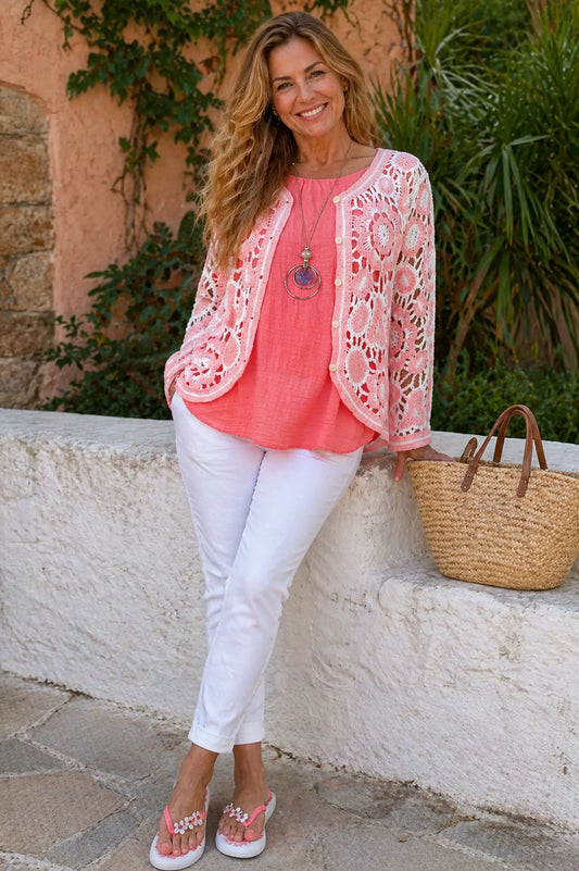 Colette Button Crochet Cardigan - Baby Pink