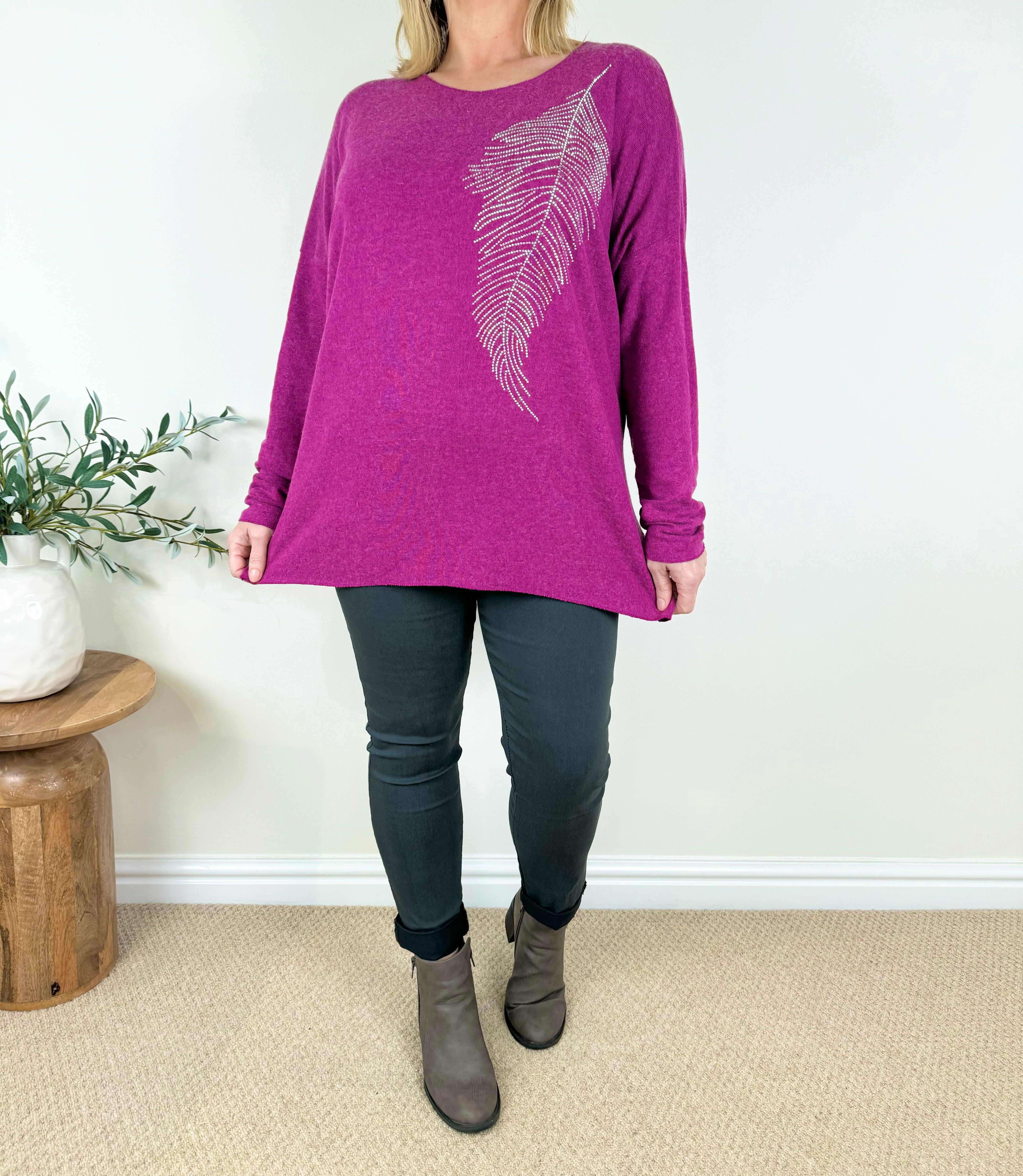 Wool Mix Diamanté Leaf Italia Soft Knit Top AW24