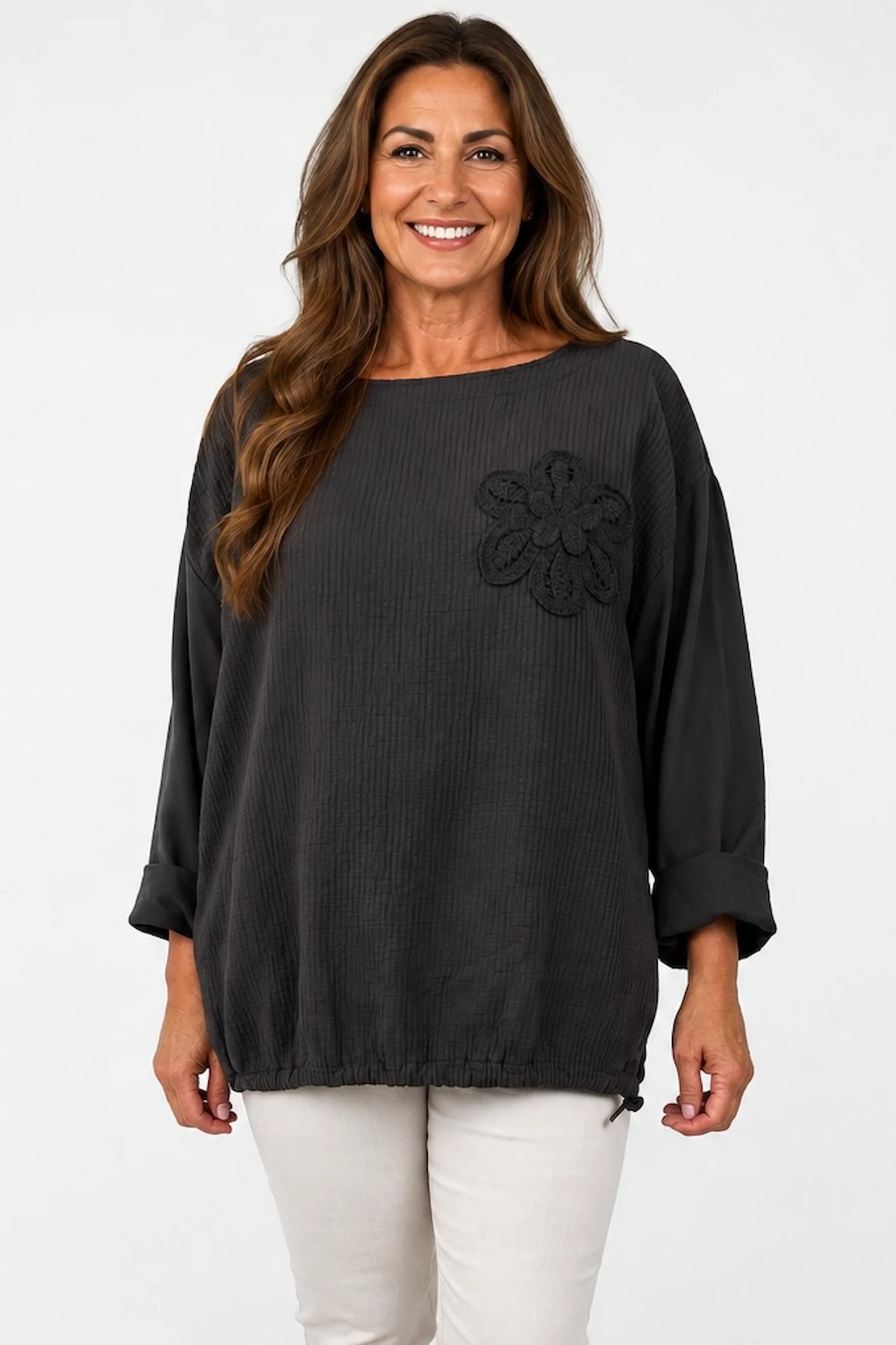Cotton Embroidered Floral Tied Hem Flerissa Top - Chocolate
