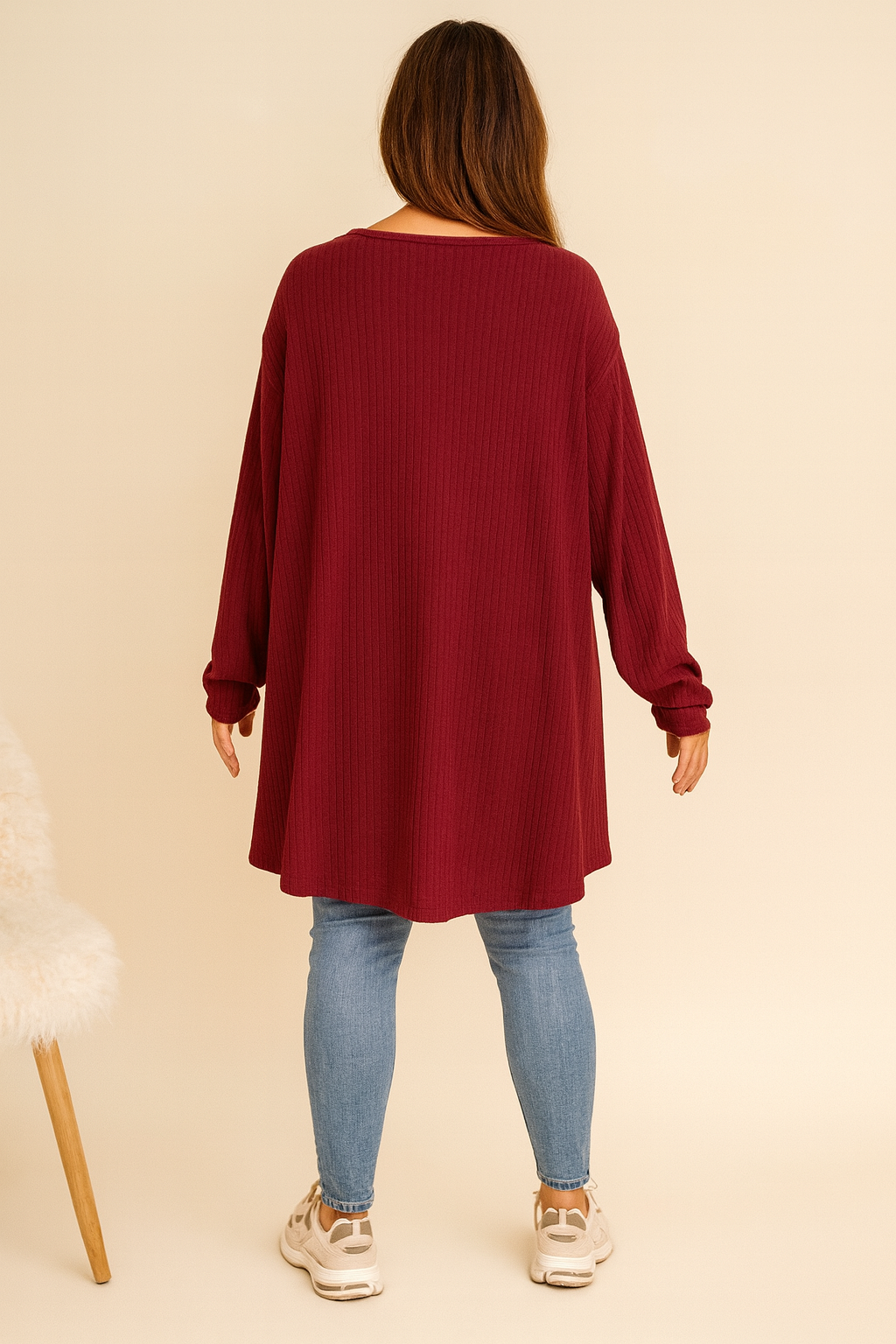 Ribbed Knit Italia Necklace Fine Knit Top - Wine