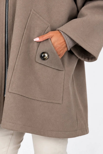 Double Button Pocket Zipped Button Back Sophia Hooded Coat - Mocha