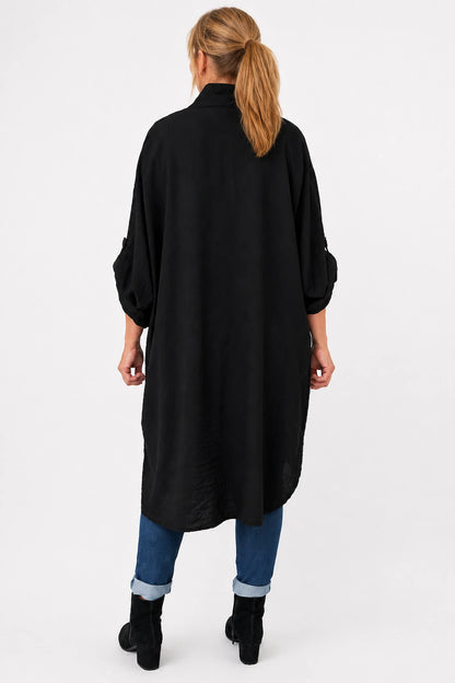 Button Sleeve Maxine Longline Button Shirt - Black
