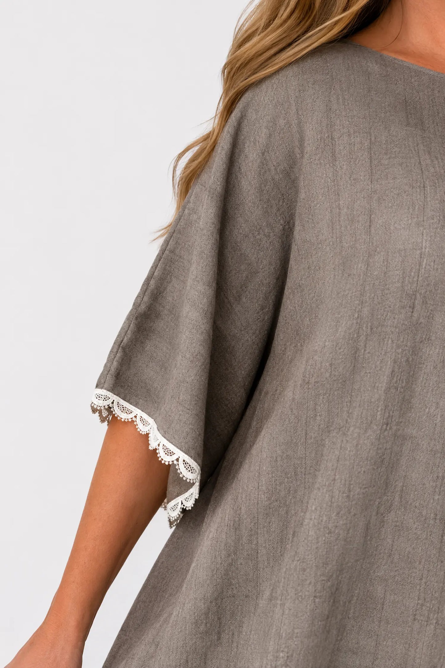 Lightly Textured Lace Trim Victoria Top - Washed Mocha