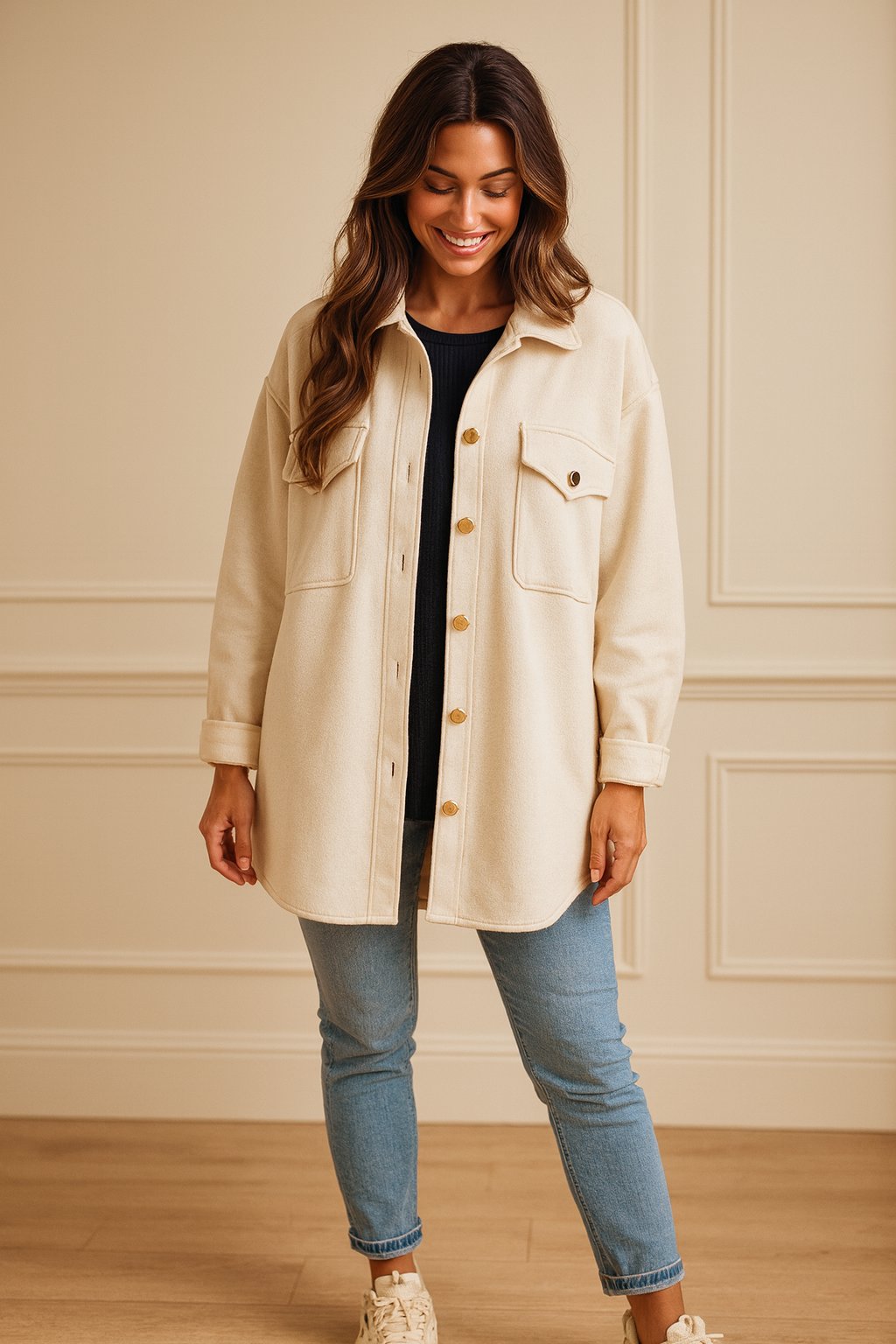 Premium Stitch Gold Button Double Pocket Verona Shacket - Beige