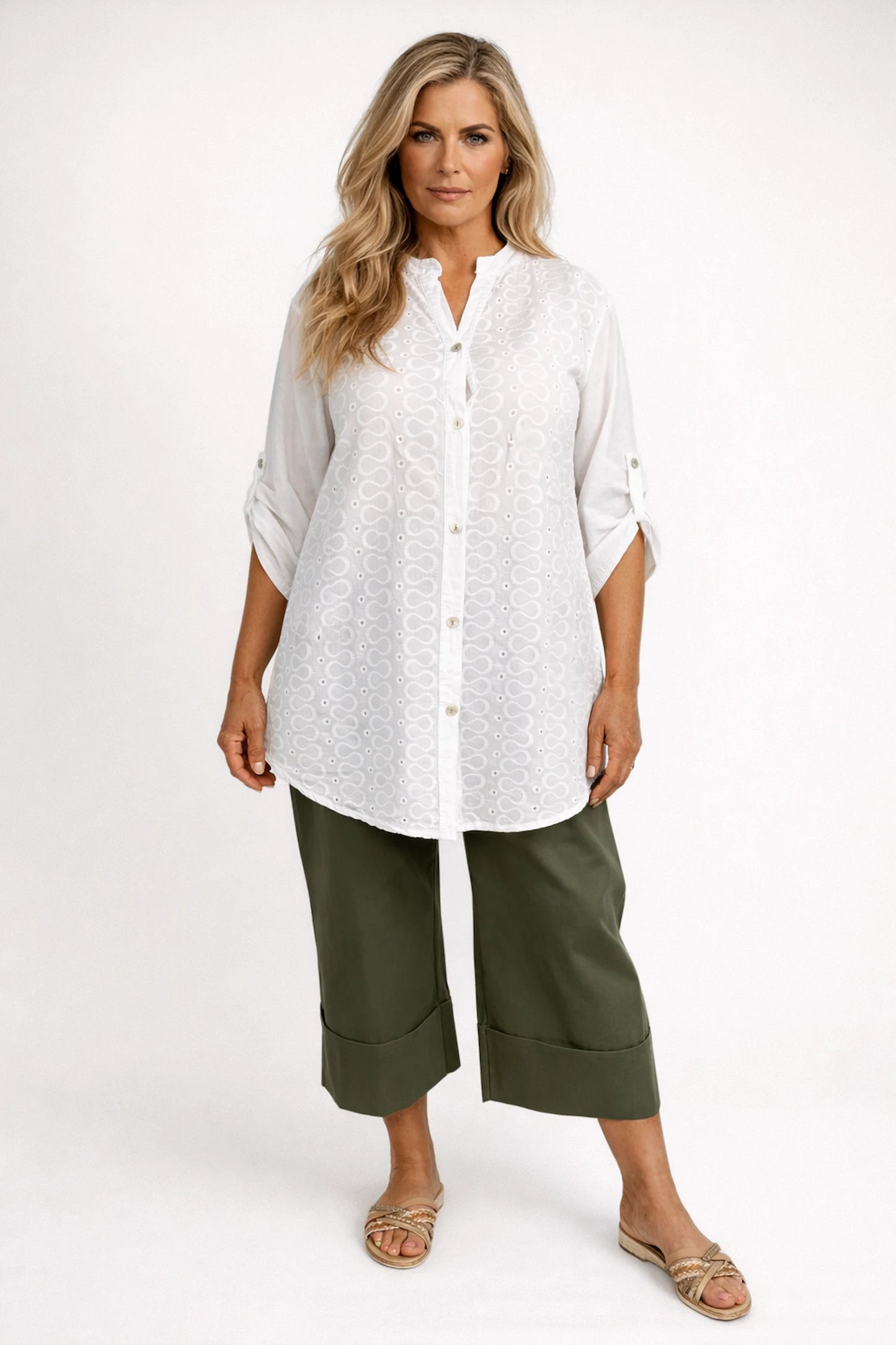 Stretch Wide Leg Capri Double Pocket Cuff Trouser - Khaki