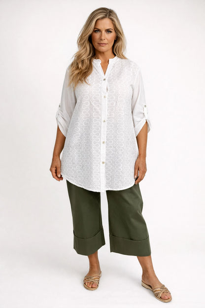 Stretch Wide Leg Capri Double Pocket Cuff Trouser - Khaki