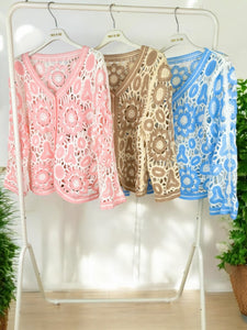 Crochet Detail Penny Button Cardigan - Candy Pink