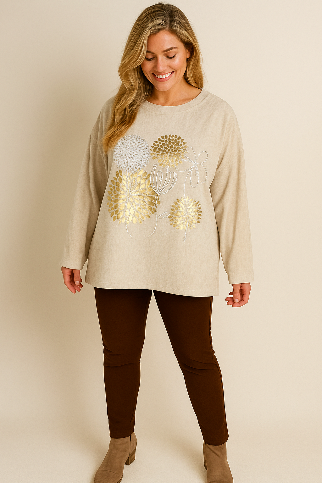 Deluxe Soft Diamanté Detail Roxanne Top - Beige