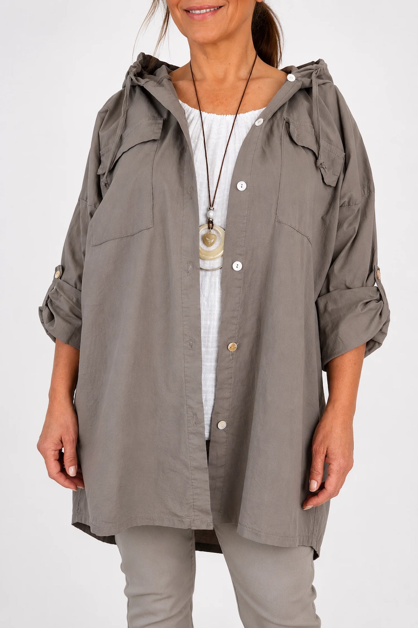 Cotton Double Flap Pocket Button Sleeve Izzy Hooded Overshirt - Mocha