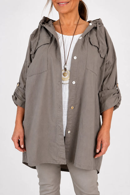 Cotton Double Flap Pocket Button Sleeve Izzy Hooded Overshirt - Mocha