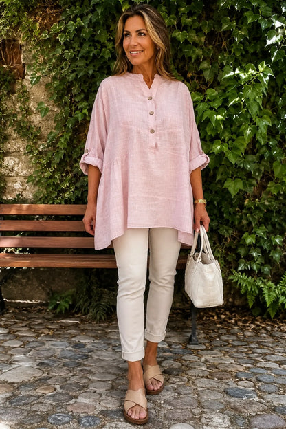 Linen Cotton Blend Button Sleeve Monica Button Shirt - Rosewood Pink