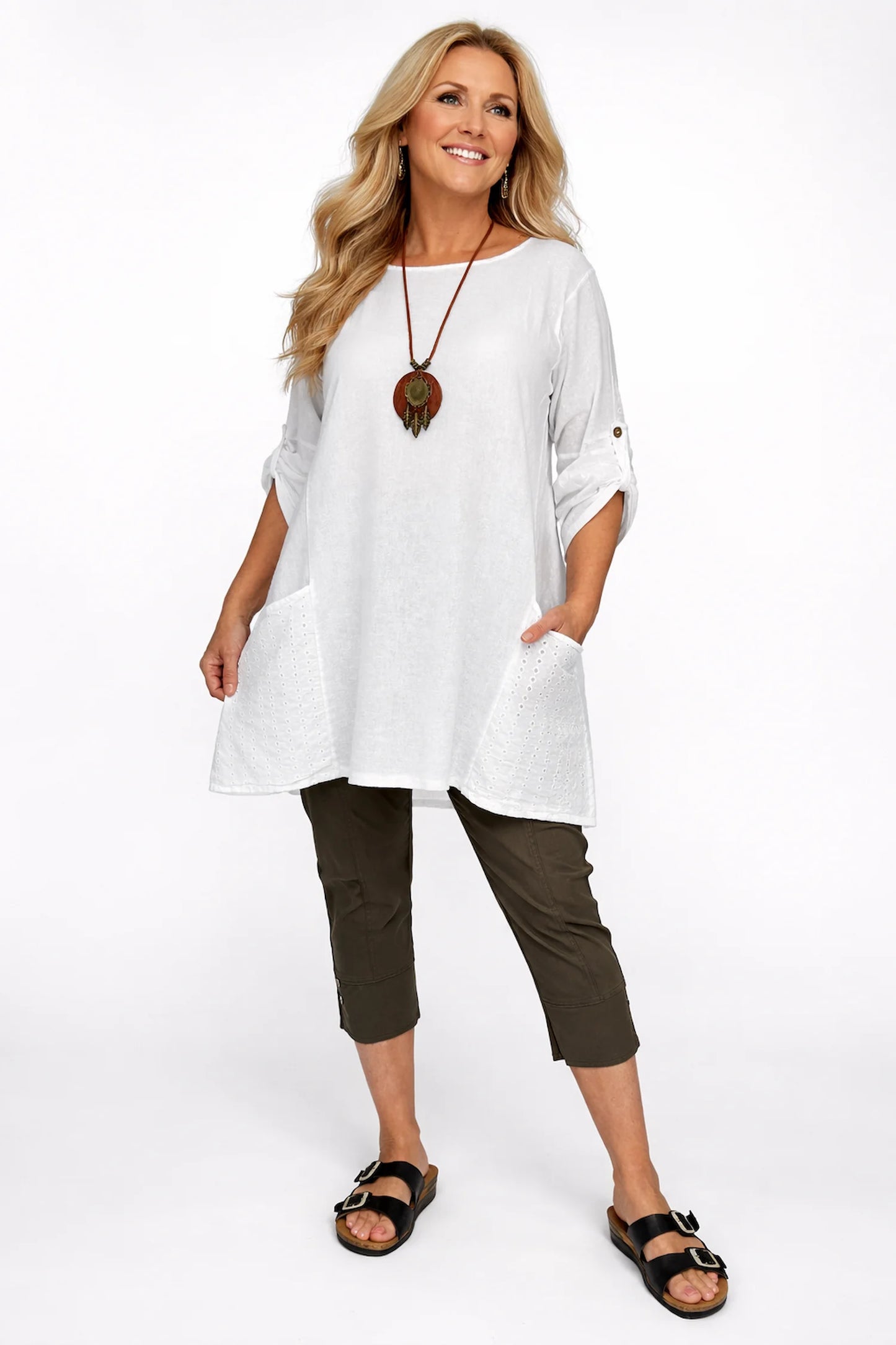 Cotton Crochet Detail Double Pocket Button Sleeve Cláudia Necklace Top - White