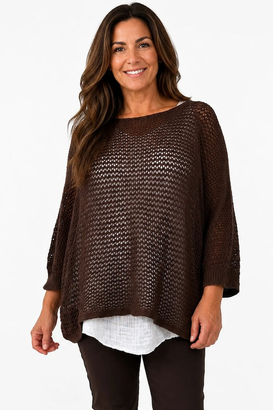 Pure Cotton Removable Tie Alexandra Batwing Crochet Top - Chocolate