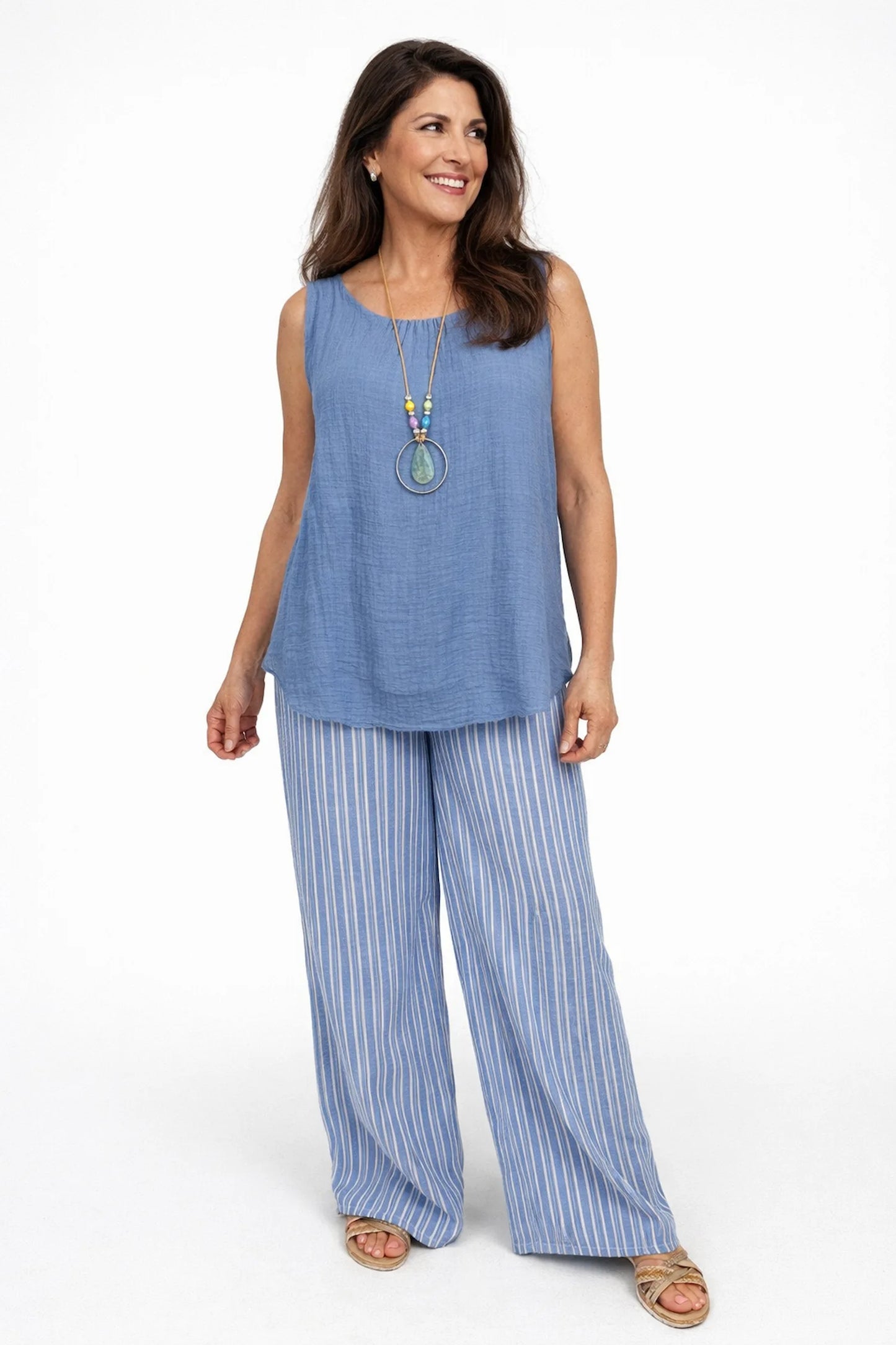Linen Look Double Pocket Elasticated Waist Stripe Bella Wide Leg Pants - Sun-Washed Denim