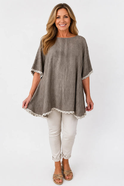 Lightly Textured Lace Trim Victoria Top - Washed Mocha