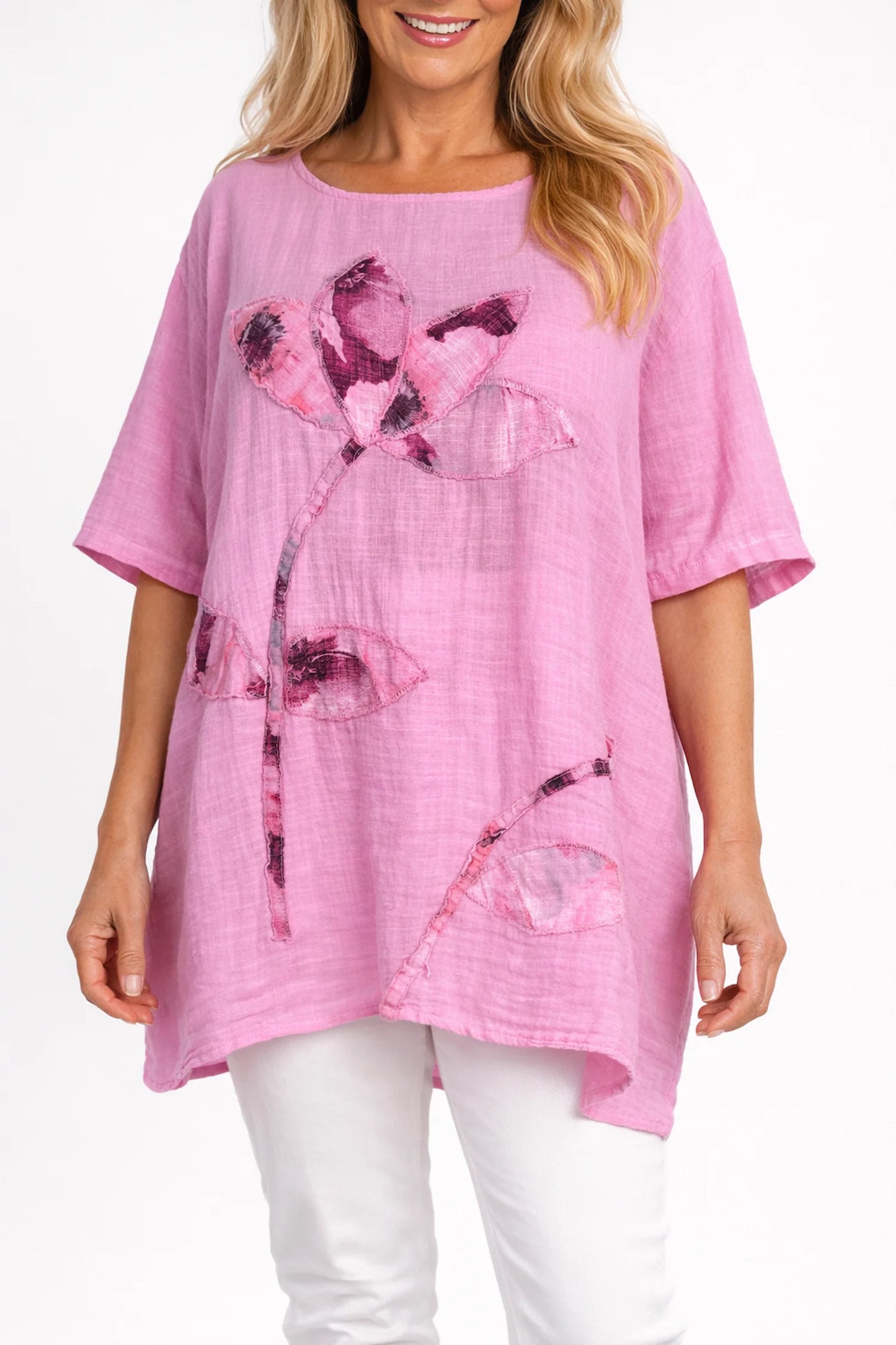 Pure Cotton Embroidered Floral Juliette Top - Lipstick Pink