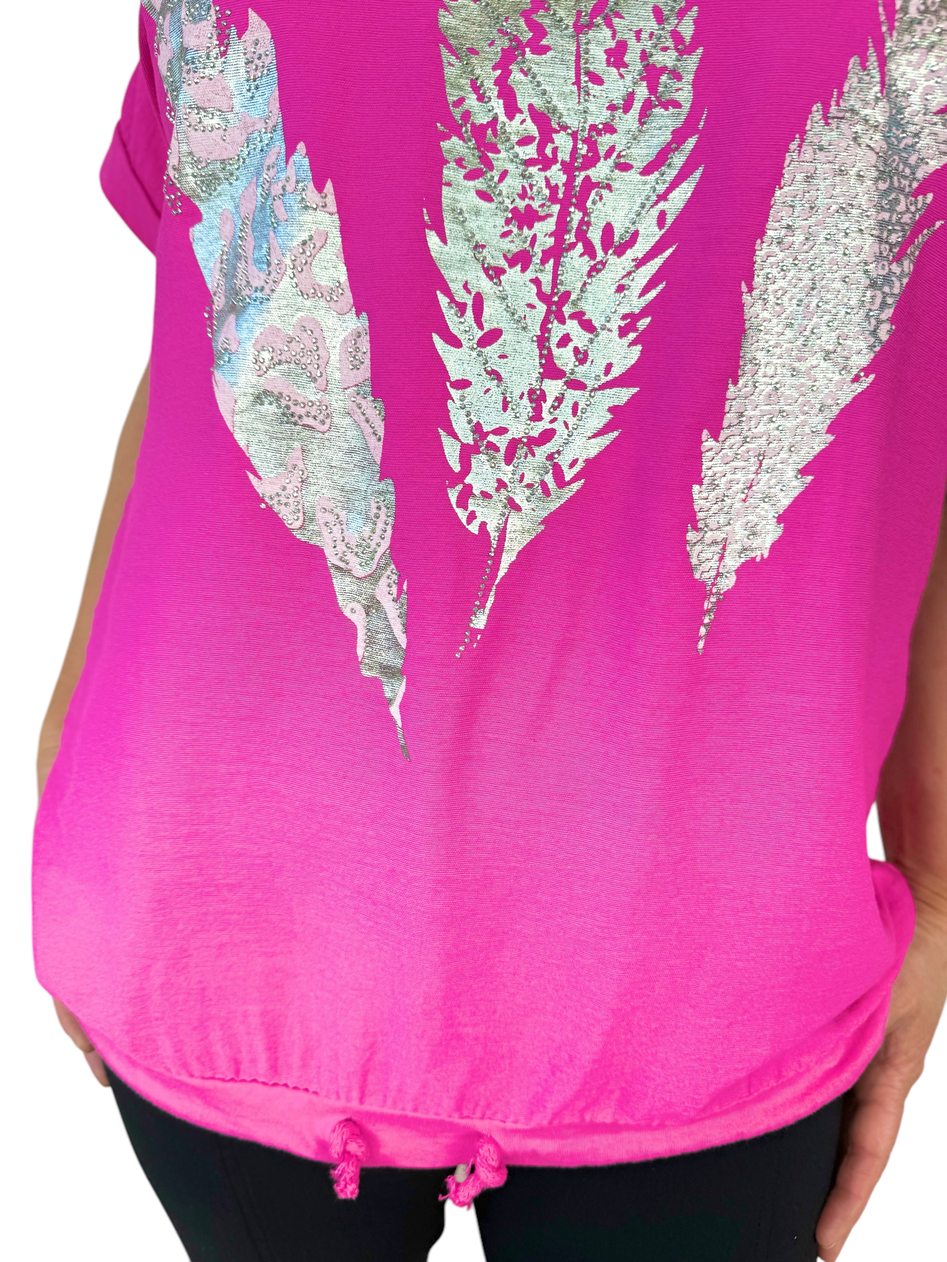 Cotton Metallic Feather Top - Lipstick Pink