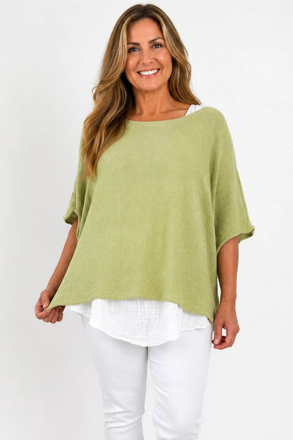 Cotton Seam Sleave Knit Batwing Jude Top - Apple