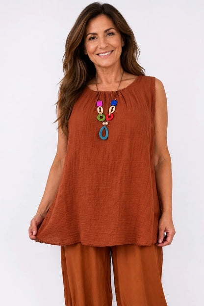 Fully Lined Cotton Italia Necklace Vest - Spice Terracotta