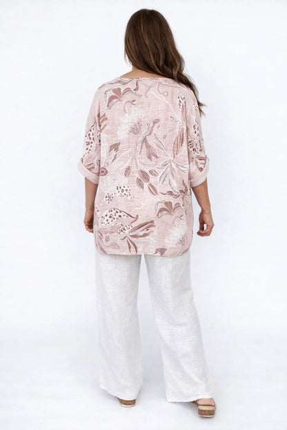 Linen Look Pure Cotton Drawstring Elasticated Waist Double Pocket Lucie Wide Leg Pant - White