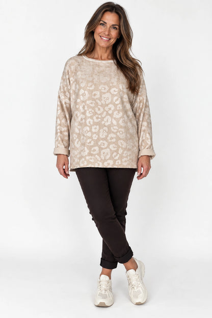 Velour Embossed Leopard Vara Top - Beige