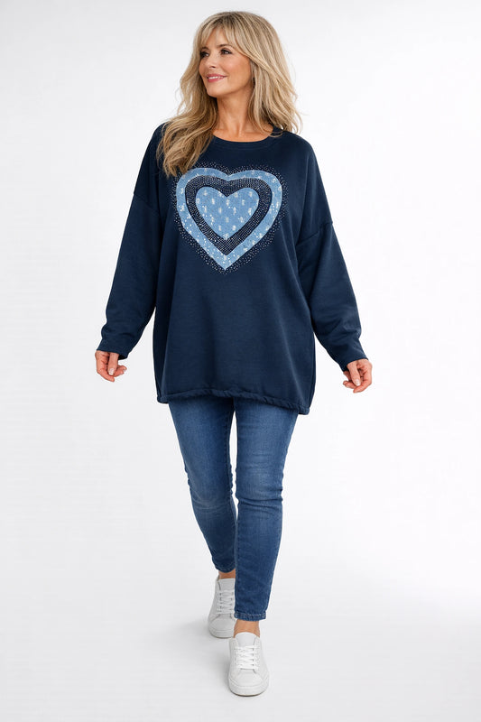 Denim Diamanté Sparkle Heart Veronica Tied Back Detail Sweatshirt - Navy