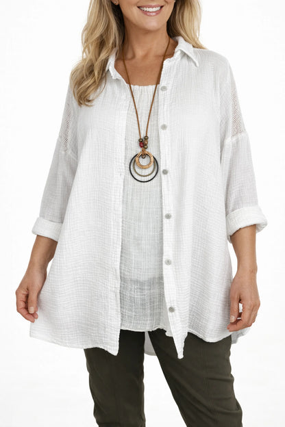 Pure Bubble Cotton Mesh Sleeve/Back Detail Celeste Button Shirt - White