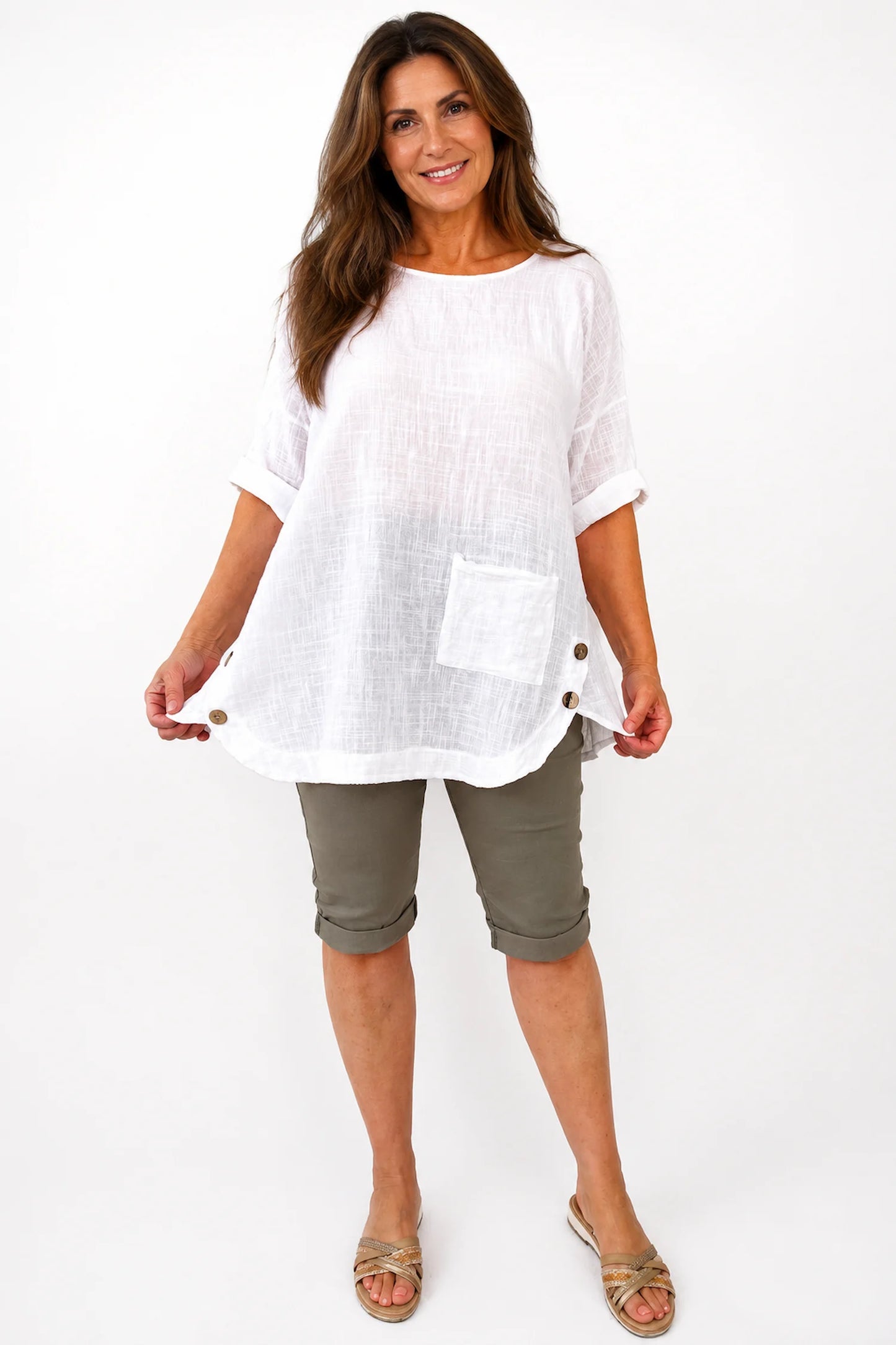 Linen Look Pure Cotton Button Detail Pocket Venice Top - White