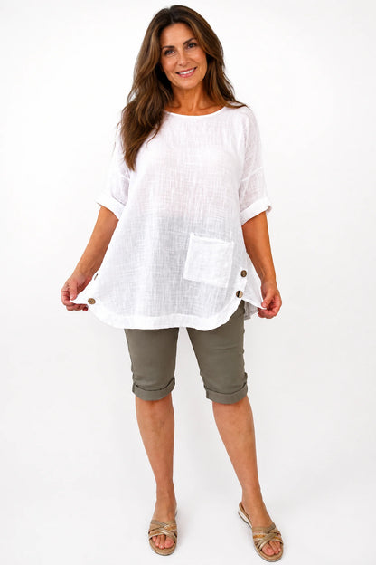 Linen Look Pure Cotton Button Detail Pocket Venice Top - White