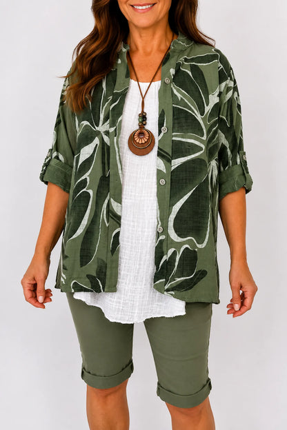 Pure Cotton Allegra Button Sleeve Button Shirt - Khaki