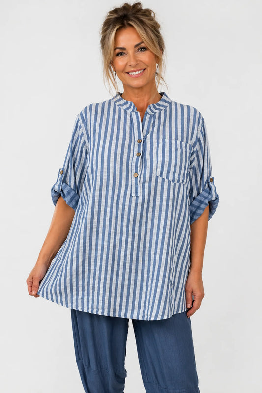Linen Look Pure Cotton Pocket Detail Cruze Button Sleeve Stripe Shirt - Denim